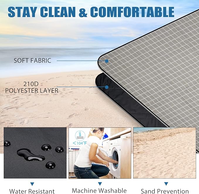 Picnic Outdoor Blankets Waterproof Extra Large - Beach Mat Sand Free Foldable with Carry Strap | Portable Camping Blanket | Park Blanket for Grass Park, Hiking, Travel, Concerts, Indoor (Grey Check)