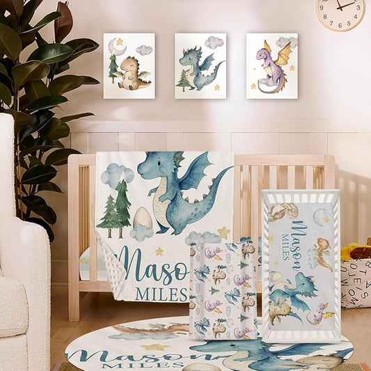 Personalized Baby Crib Bedding Set for Baby Boys Girls, Blue Dinosaur Design Custom Name Baby Crib Sets 5-Pcs, Toddler Double Layer Blanket Fitted Sheets Changing Pad Cover Rug Wall Art Set