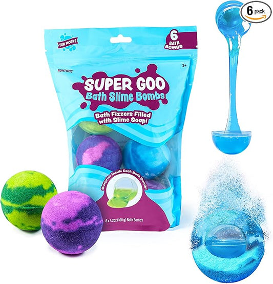 Super Goo Bath Slime 'Surprise' Bombs, 6 Pack | Kids Bath Bombs With Surprise Inside | Nontoxic | Stretchy, Squishy Slime Soap | Sensory Fun for Kids