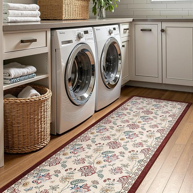 jinchan 3x10 Floral Runner Rug for Hallway Washable Kitchen Runner Vintage Romance Design Non Slip Thin Indoor Floor Cover Low-Profile Throw Carpet for Entryway Bathroom Bedroom Porch, Red/Beige