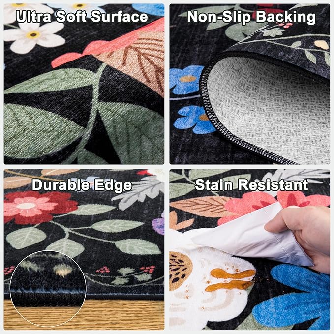 Runner Rug for Entryway: 2.6x8 Kitchen Rugs Non Slip Washable Ultra-Thin Soft Floral Carpet Indoor Floor Stain Resistant Carpets for Hallway Bedroom Kitchen Laundry Bathroom Dorm Black