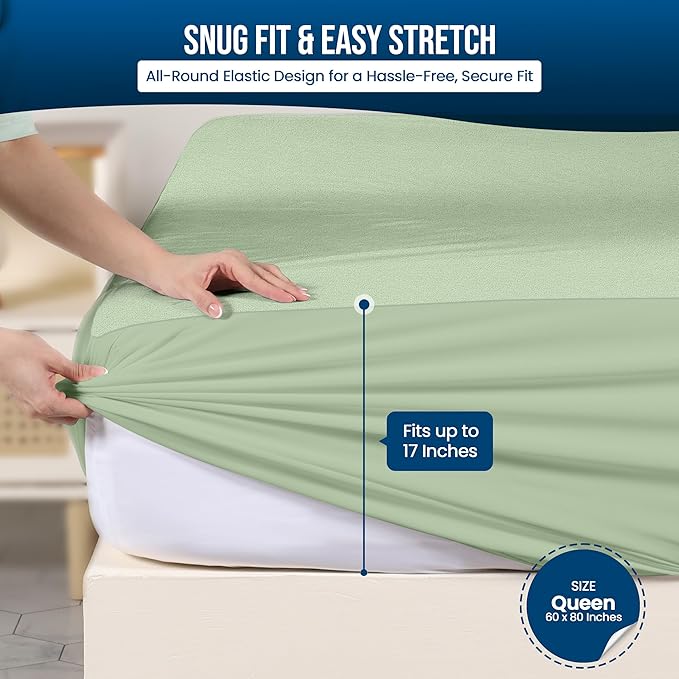 Utopia Bedding Waterproof Mattress Protector Queen Size, Premium Terry Mattress Cover 200 GSM, Breathable, Fitted Style with Stretchable Pockets (Sage)