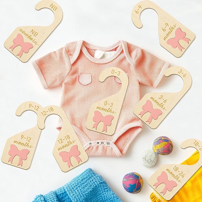 R HORSE Wooden Baby Closet Dividers - 8Pcs 3D Coquette Pink Bow Baby Closet Organizer Double-Sided Newborn Clothes Size Hanger Dividers Nursery Birthday Gift for Boy Girl (0-24 Months)