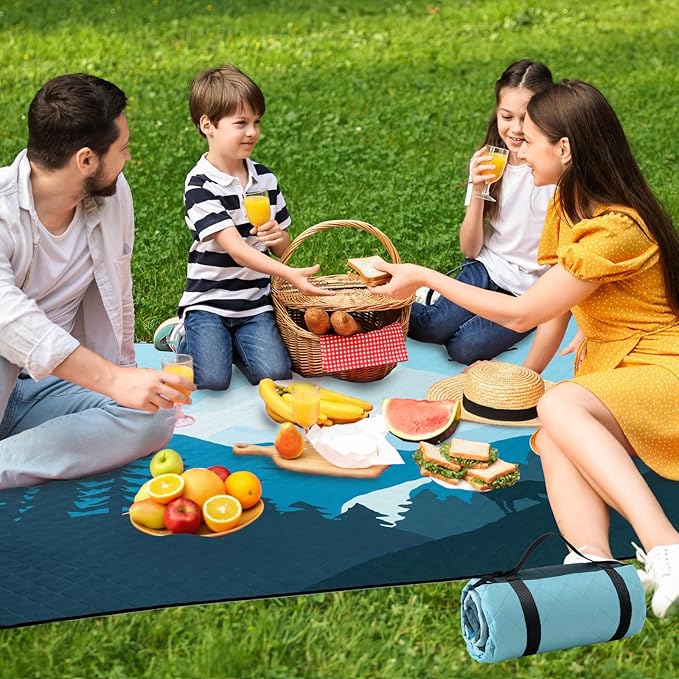 PY SUPER MODE Extra Large Waterproof Picnic Blankets 83x79 Inches - 5 Layer Outdoor Picnic Mat for Beach Camping Park Lawn, Windproof Anchor System with Stakes, Foldable Blue&Brown