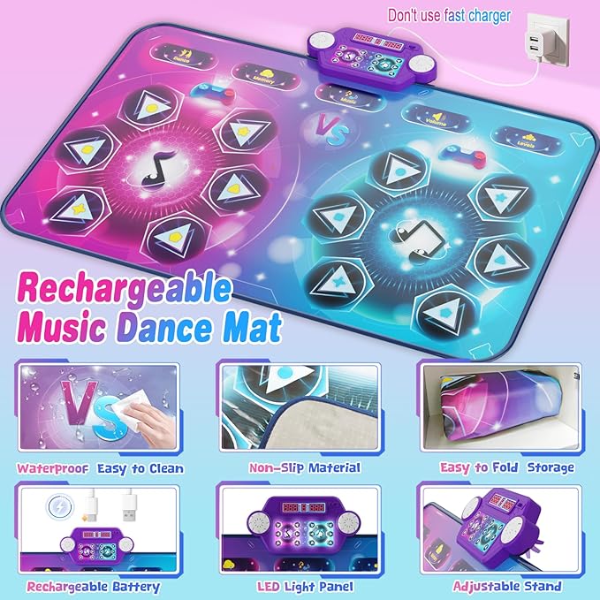 Rechargeable Dance Mat - Double User Play Mat with Extra Large Size (59*38 in), Dancing Music, Challenge Game, Piano Mode, LED Lights, Christmas Birthday Gift for Kids Girls Boys 3-12 Year Old