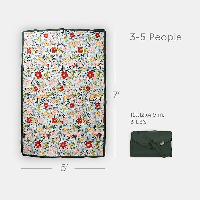 Little Unicorn 5'x7' Outdoor Family Picnic & Beach Blanket | Durable & Water-Resistant Fabric | Compact Fold & Easily Wipes Clean | Zipper Pocket (Primrose Patch)