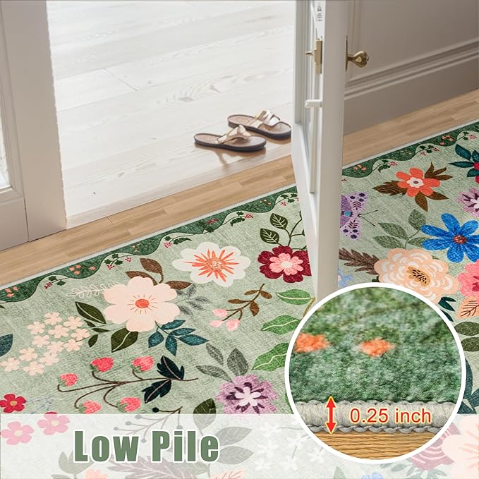 Runner Rug for Entryway: 2.6x8 Kitchen Rugs Non Slip Washable Ultra-Thin Soft Floral Carpet Indoor Floor Stain Resistant Carpets for Hallway Bedroom Kitchen Laundry Bathroom Dorm Green