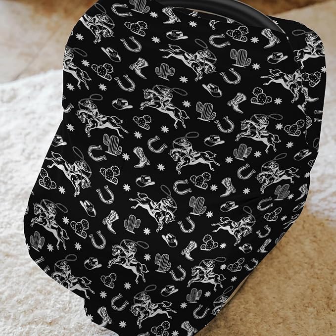 Country Western Car Seat Cover for Baby Cowboy Hat Boots Horse Cactus Stretchy 5-in-1 Covers Adjustable Car Canopy Breastfeeding Cover Wild West Desert Breathable Nursing Cover-Up