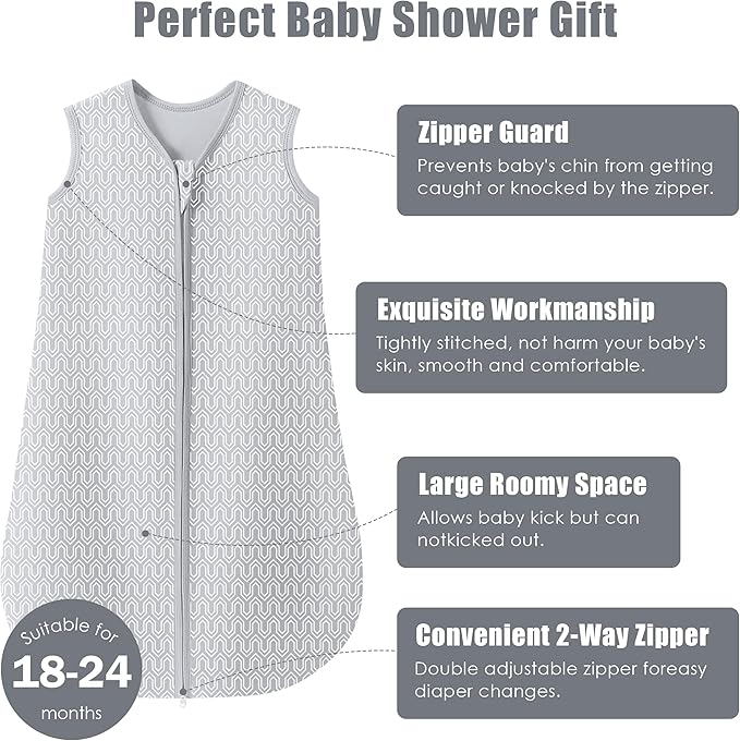 SWEET DOLPHIN Baby Sleep Sack 18-24 Months - 100% Cotton 2-Way Zipper TOG 0.5 Infant Wearable Blanket, Newborn Essentials Toddler 3 Pack Sleeping Sacks - Grey