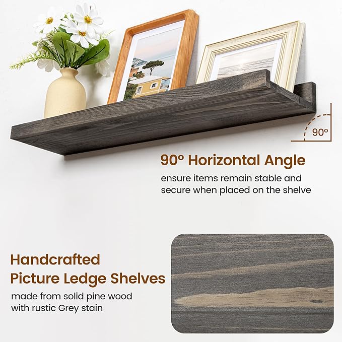 Picture Ledge Wall Shelves 16 inches Width Set of 3, Solid Pine Wood Rustic Floating Ledge Shelves for Wall for Kids' Room Bedroom Kitchen Bathroom Living Room Nursery Display Decor, Grey