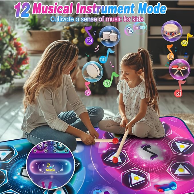 Rechargeable Dance Mat - Double User Play Mat with Extra Large Size (59*38 in), Dancing Music, Challenge Game, Piano Mode, LED Lights, Christmas Birthday Gift for Kids Girls Boys 3-12 Year Old