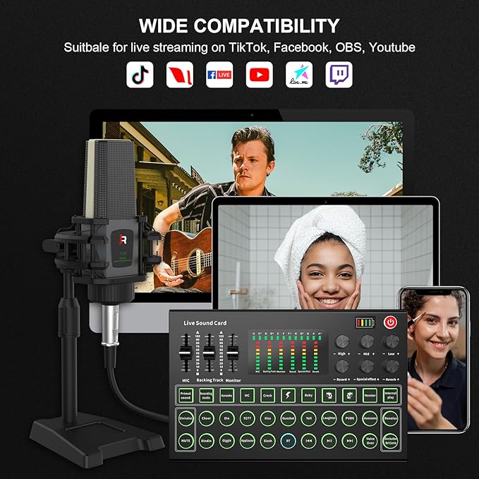 RHM Podcast Equipment Bundle, All-in-One Audio Interface DJ Mixer with Microphone, Stand, Monitor Earphone, Audio Mixer With Sound card for PC/Laptop/Phone, Streaming/Podcasting/Gaming (M9 Set)