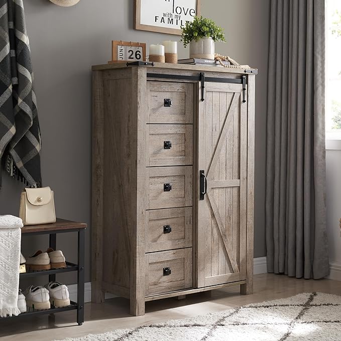 T4TREAM 5 Drawers Dresser for Bedroom w/Sliding Barn Door, Farmhouse Modern Tall Dresser 5 Chest of Drawers, Storage Organizer for Bedroom, Hallway, Living Room, Kids Room, Light Rustic Oak