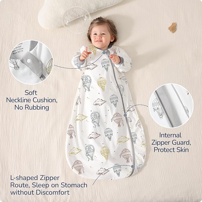 Baby Sleep Sack 12-18 Months, Cotton Detachable Long Sleeve Sleep Sack, 2.5 Tog Toddler Sleeping Sack with Temperature Strips, 2-Way Zipper Wearable Blankets for Newborns, Hot Air Balloon