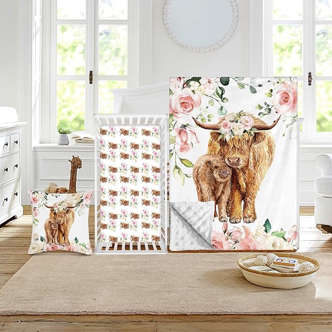 Baby Crib Bedding Set - Highland Cow Design Nursery Bed 3 Pcs Set - Chic Soft Blanket with Dotted Backing, Sheet, Pillowcase for Newborns Girls Boys Gifts Color01