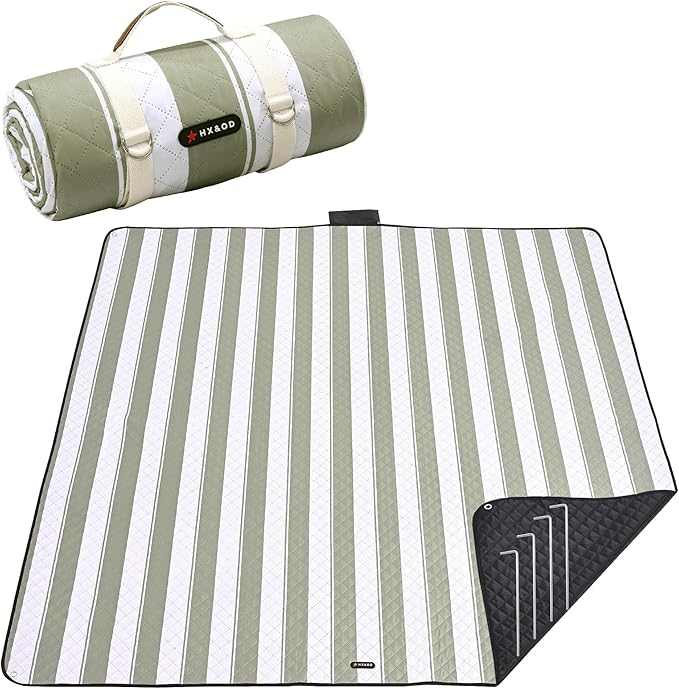 HX&OD Outdoor Picnic Blanket Extra Large, 80''*80' Waterproof Picnic Mat with Stakes Foldable Camping Blanket Portable with Carry Strap for Beach Mat (Green, 80''*80'')