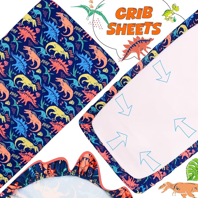Cloele Crib Bedding Set for Boys,3 Piece Dinosaur Crib Bedding Set,Include Soft Baby Comforter,Breathable Fitted Sheet & Pillowcase,Navy Blue Nursery Baby Bedding for Boys