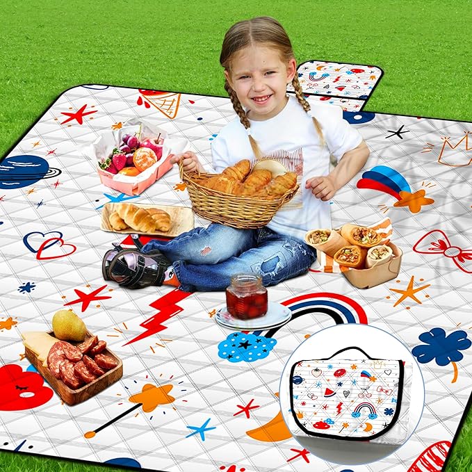 Poedist Extra Large Picnic Blanket Waterproof,80"x 80"Foldable Machine Washable Beach Blanket,Outdoor Blanket for 6-8 Adults,Suitable for Indoor Crawling,Park Beach,Camping,Hiking,Family Travel(Cute)