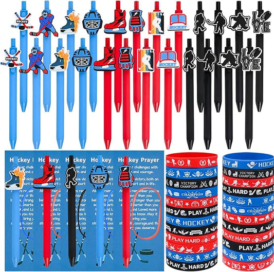 LiYiQ 72 Pcs Hockey Party Favors Hockey Team Gifts Hockey Goodie Bags Stuffers Hockey Ballpoint Pens Bookmark Card and Silicone Bracelet