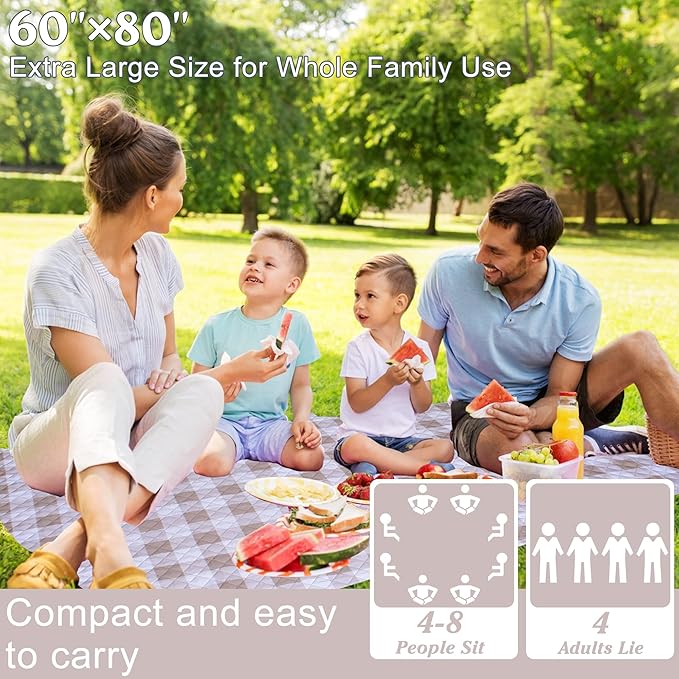 Extra Large Picnic Blanket 80''x 60'' Picnic Mat Waterproof Sand Proof Foldable for Beach, 5-Layer Outdoor Blanket for 6 to 8 Adults,Camping Lawn Hiking Travel Park Music Festival Wedding Mats(Brown)