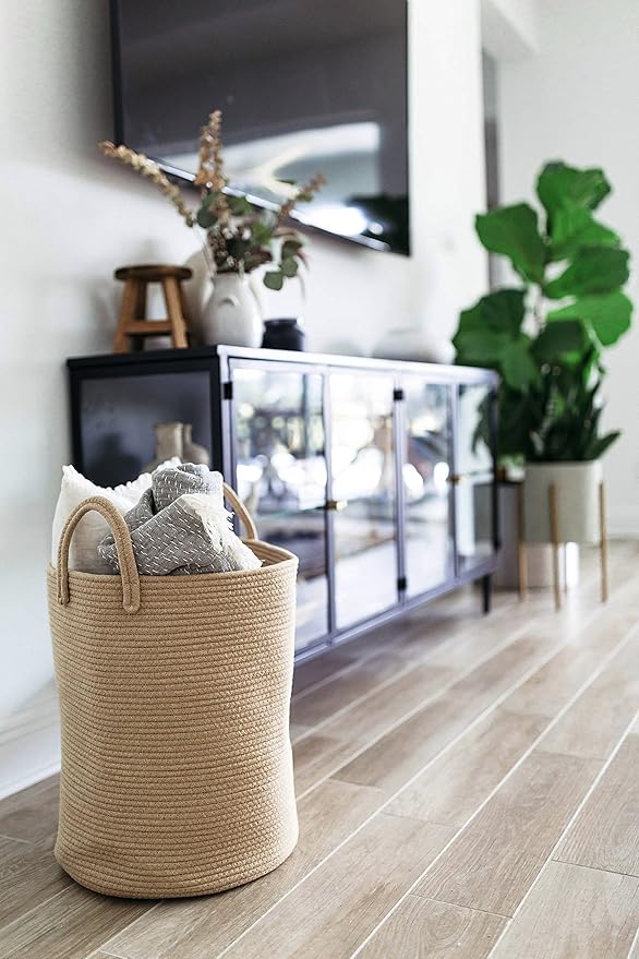 OrganiHaus Large Woven Baskets for Storage 15x18, Cotton Rope Baskets for Storage, Tall Blanket Basket for Living Room, Nursery Laundry Basket, Big Basket for Toys, Basket for Blankets, Honey