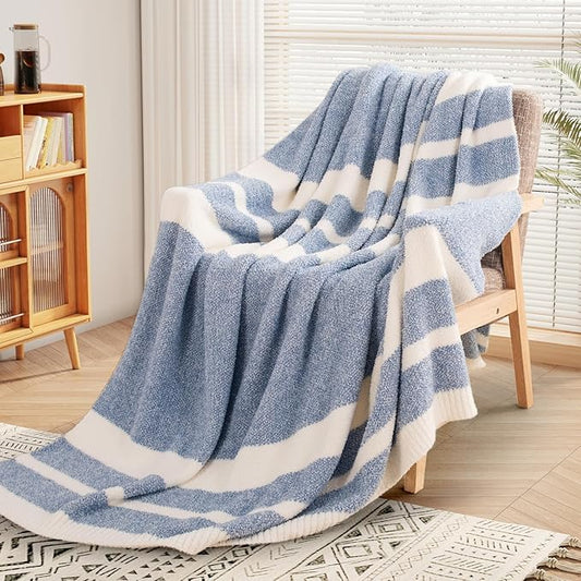 NEXHOME PRO Stripe Cozy Blanket Twin, Knit Fuzzy Throw Blanket for Couch Bed Sofa Picnic, Ultra Soft Blankets for Women Gifts Blue50 x 60 inches