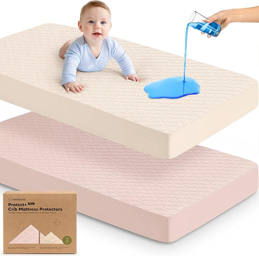 Waterproof Crib Mattress Protector Cover Fitted - 2-Pack Quiet Baby Crib Mattress Pad Sheets, 52" x 28" Soft Quilted Cotton Baby Sheet, Machine Washable, Easy Fit, Durable (Cameo/Mavy)