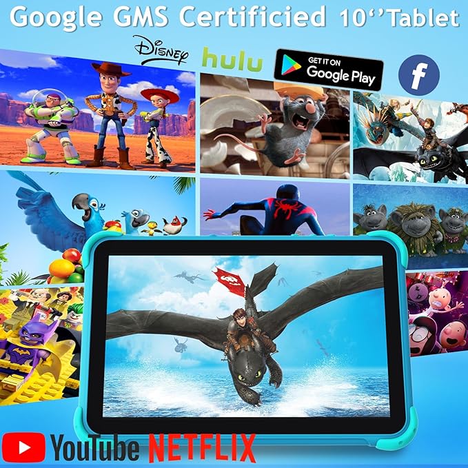 YINOCHE Kids Tablet 10 inch Tablet for Kids 5G WiFi Toddler Tablets with Case Parental Control Dual Camera 32GB Kids Tablets Educational App Preloaded Support YouTube Neflix (Blue)