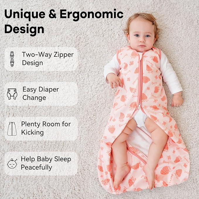 Baby Sleep Sack 0-6 Months 0.5 Tog Wearable Blanket Baby, 3 Pack 100% Cotton Lightweight Sleeping Sack with 2-Way Zipper for Newborn Infant Strawberry