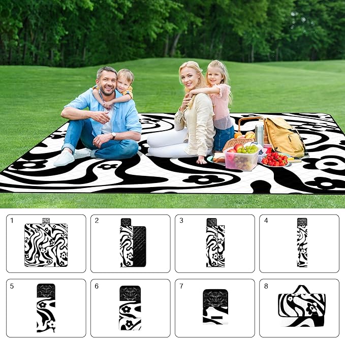 Picnic Blankets Waterproof Foldable, Extra Large 79"x79" Beach Blanket Waterproof Sandproof, 3-Layer Polyester Portable Outdoor Picnic Mat Essentials for Park, Camping Travel, Grass Lawn-Spiral Design