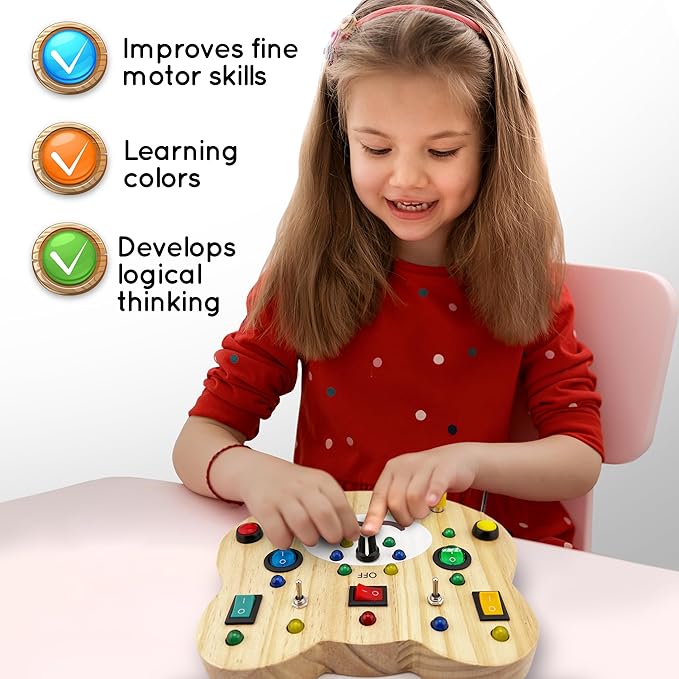Toddler Montessori Busy Board - Wooden Educational Toy with Lights, Switches, and Buttons - Sensory Board - Preschool Motor Skills Learning Activities - Christmas & Birthday Gift