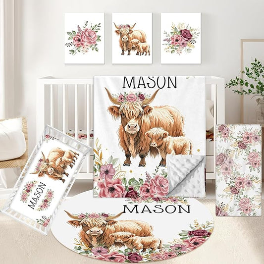 Personalized Baby Bedding Set, 5 Pcs Custom Baby Crib Set with Name, Soft Flannel Highland Cow Crib Bedding Set for Girls, Double Layer Nursery Bedding Set, New Parents Toddlers Infants Gift