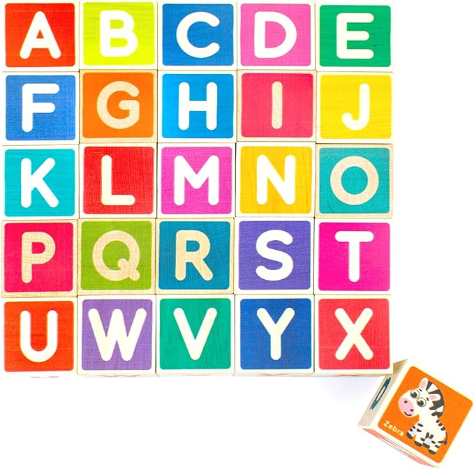 QUOKKA Wooden Blocks for Toddlers 1-3 - 26 ABC Learning Baby Blocks for Kids 3-5 Year Olds Stacking Alphabet Wood Toys for 2-4 yo - Educational with Letters Numbers