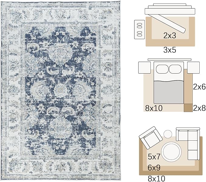 jinchan Floral 2x3 Rugs for Entryway - Vintage Washable Small Non-Slip Distressed Indoor Doormat Ultra-Thin Low-Pile Accent Rug for Entrance Kitchen Bedroom Bathroom (2x3ft,Dark Blue)