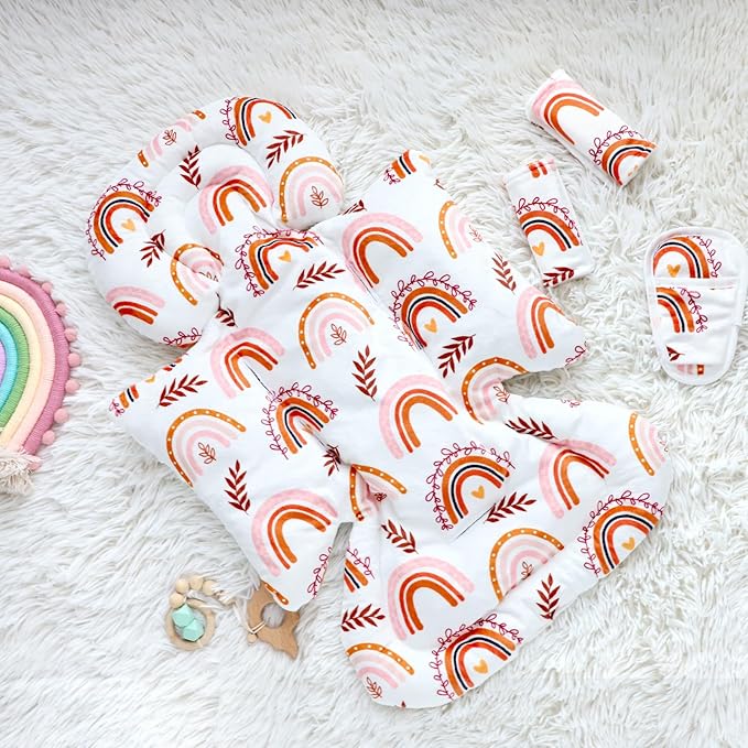 Pea Pod Infant Car Seat Insert with 3 Strap Covers, 3 in 1 Reversible Rainbow Baby Car Seat Head Support for Newborn, 3D Soft Minky Carseat Cushion for Preemie to Infant, Stroller, Swing, Bouncer