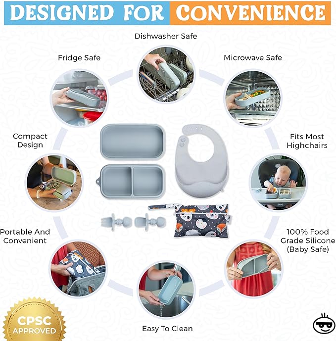 Travel Silicone Portable Feeding Supplies - Toddler Suction Plates, Silicone Baby Spoon & Fork, Lightweight Foldable Bib & Waterproof Storage Bag - 6 Piece Set