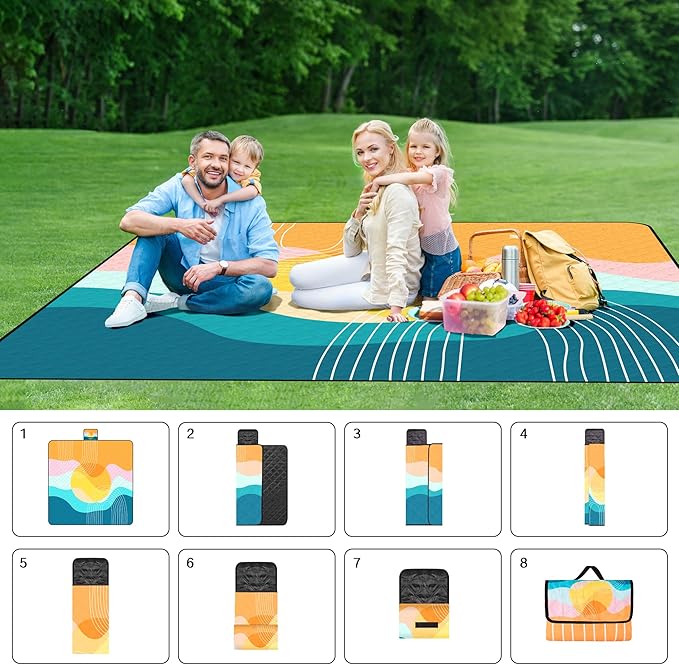 Picnic Blankets Waterproof Foldable, Extra Large 79"x79" Beach Blanket Waterproof Sandproof, 3-Layer Polyester Foldable Portable Outdoor Mat for Park, Camping, Travel, Grass Lawn- Afterglow Rainbow