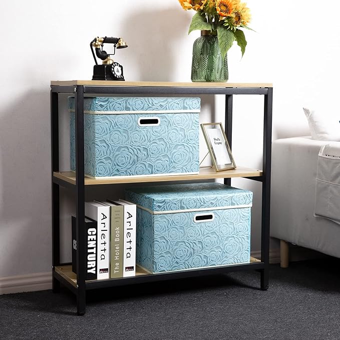 PRANDOM Large Collapsible Storage Boxes with Lids [5-Pack] Fabric Decorative Storage Bins Cubes Organizer Containers Baskets with Cover Handles for Bedroom Closet Nursery Blue 17.5x11.8x11.8 Inch
