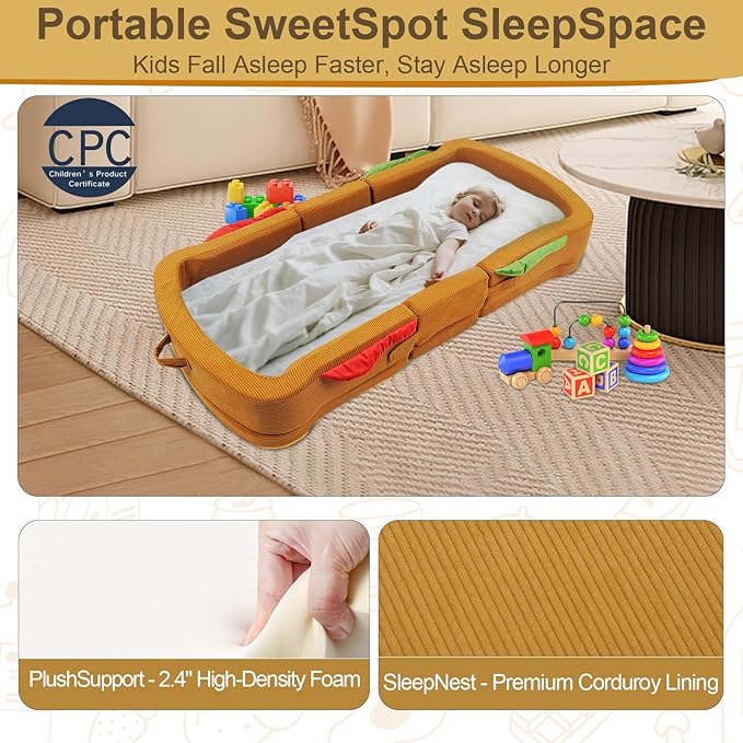 Toddler Travel Bed Sandwich Style - Portable Toddlers Floor Beds, Foldable Soft Foam Travel Crib for Baby and Kid, Washable Cover Toddler Cot with Safety Rail for Travel, Home Sleep & Play