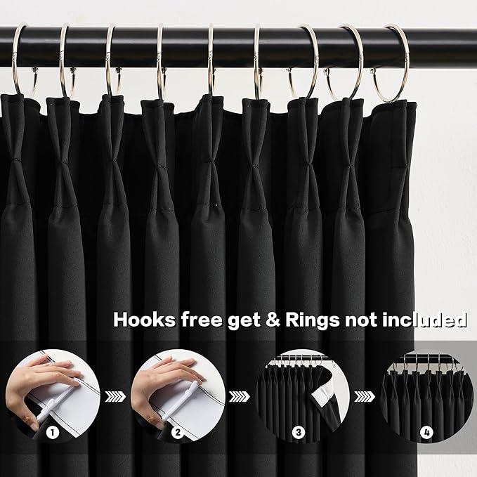 KEQIAOSUOCAI 60 Inch Wide Black Pinch Pleated Curtains 60 x 105, Thermal Insulated Noise Cancelling Living Room Office Drapes 105 Inches Long, Patio Sliding Glass Door Window Curtain 2 Panels
