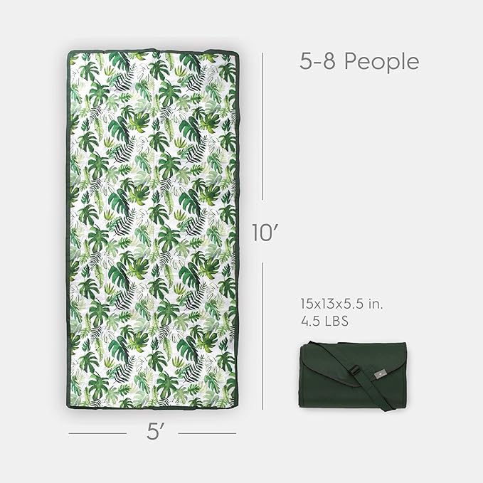 Little Unicorn 5'x10' XL Outdoor Family Picnic & Beach Blanket | Durable & Water-Resistant Fabric | Compact Fold & Easily Wipes Clean | Zipper Pocket (Tropical Leaf)