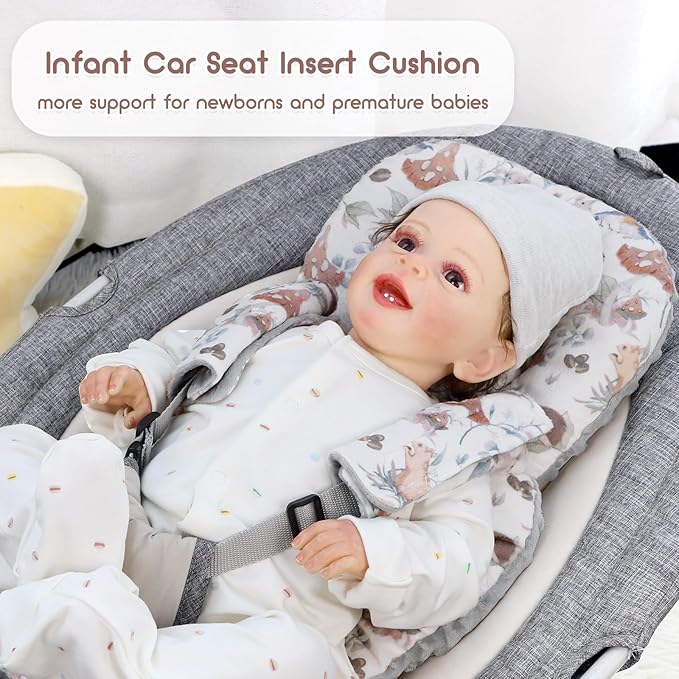 Infant Car Seat Insert, Car Seat Head Support Baby Girls Boys, Soft & Reversible Newborn Carseat Insert Cushion with 2 Strap Covers, for Stroller, Swing, Bouncer (Gray Animals)