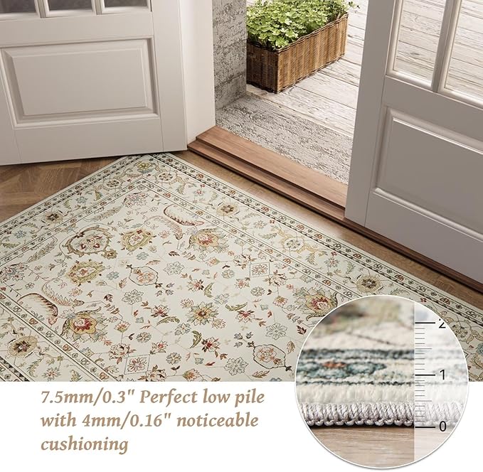 Washable 8x10 Area Rugs for Living Room, Boho Non-Slip Silicone Backing Rugs for Bedroom Dining Room Nursery Office, 0.3" Neutral Oriental Throw Carpet with 0.16" Cushioning Pad, Light Beige/Multi