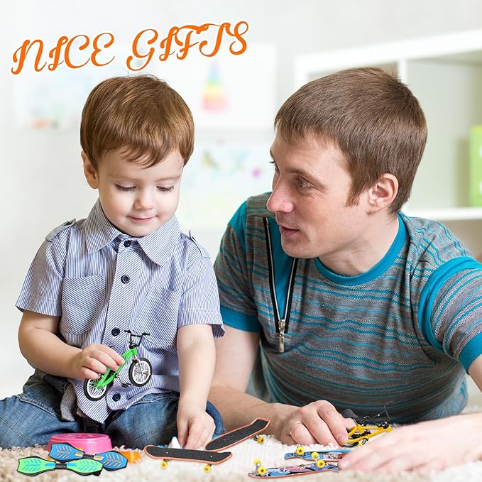 Skylety 31 Pieces Mini Finger Toys Set for Boy Girl Includes 6 Finger Skateboards, 4 Bikes, 2 Mini Scooters 4 Swing Board 8 Matched Wheels 7 Tool Accessories Educational Toy Party Favor(Fun)