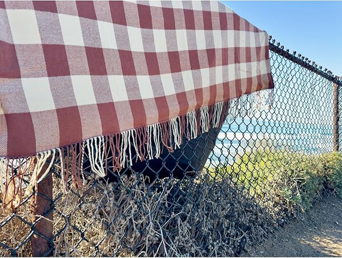 Picnic Blanket Extra Large Waterproof with Strap 59"x79" - Machine Washable Tassels Faux Wool Cashmere for Park, Grass, Camping, Hiking, Concerts (Latte with white shoulder strap, 59"X79")