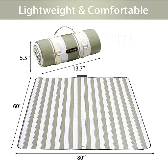 HX&OD Outdoor Picnic Blanket Extra Large, 80''*60'' Waterproof Picnic Mat with Stakes Foldable Camping Blanket Portable with Carry Strap for Beach Mat (Green& White, 80''*60'')