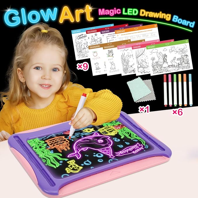 Magic LED Drawing Board for Kids, Girls Toys Age 6-8, Light Up Tracing Pad with 9 Double-Sided Cards, 6 Washable Markers, Arts & Crafts Kits Learning Toy Glow Up Doodle Board Christmas Birthday Gifts
