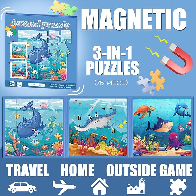 Magnetic Puzzles for Toddlers 3-5 , 75-Pieces Travel Toys , Sea Puzzles Ages 4-6, Educational Learning Magnets, Road Car Trip & Airplane Activities Toys for 3 4 5 6 7 Girls Boys Gift