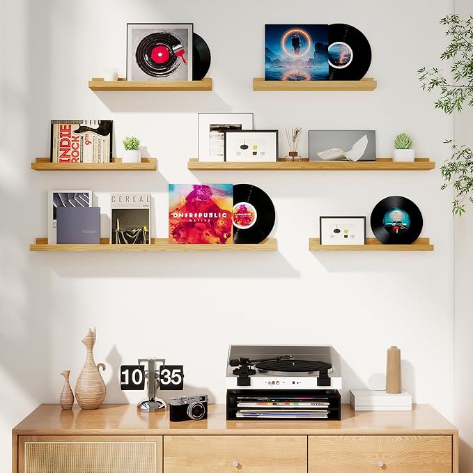 Axeman Picture Ledge Shelf, Floating Shelves for Wall Decor Storage Set of 6, 16 inch Floating Wall Mounted Shelves, Wall Shelves with Lip for Living Room, Bedroom, Nursery, Bathroom, Kitchen, Oak