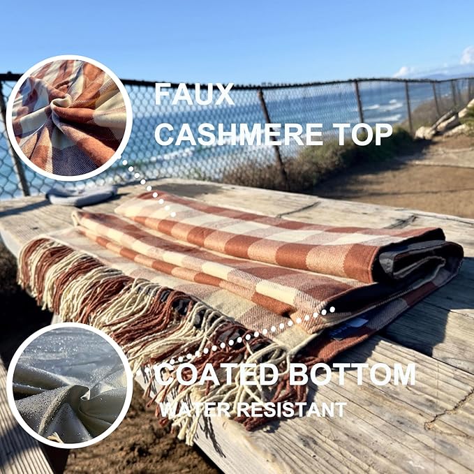 Picnic Blanket Extra Large Waterproof with Strap 59"x79" - Machine Washable Tassels Faux Wool Cashmere for Park, Grass, Camping, Hiking, Concerts (Coffee Plaid, 59"X79")